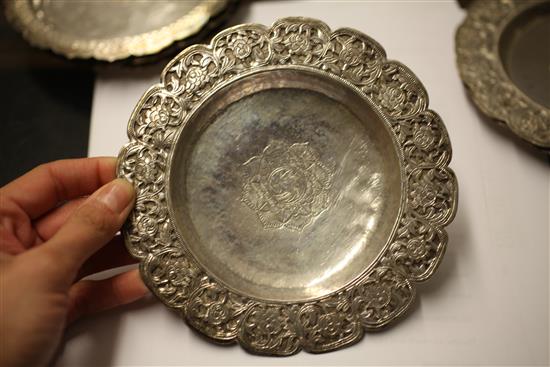 Two sets of three late 19th/early 20th century North Indian do-decagonal silver bowls & 6 dishes/stands, 51 oz.